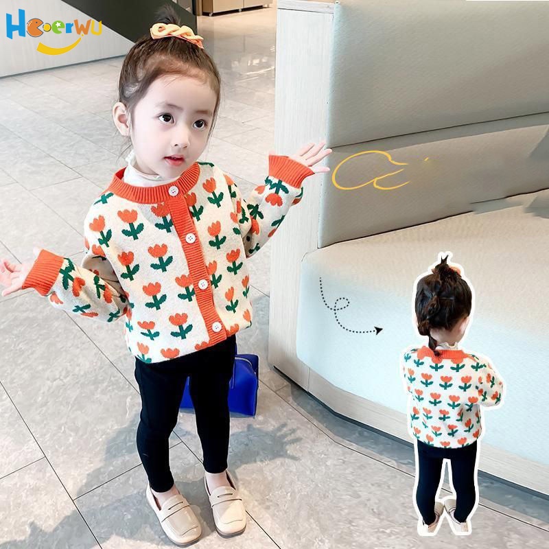 Haoerwu Áo Khoác cardigan Dệt Kim Dày Phối Lông In Hình Hoa Tulip Cho Bé Gái