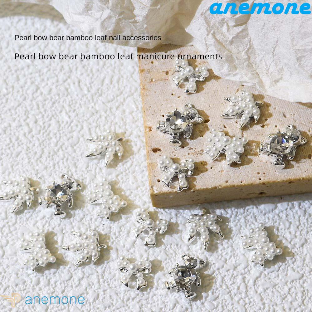 ANEMONE Set 10 Phụ Kiện Trang Trí Móng Tay Nghệ Thuật Hình Nơ Gấu Lá Pháp Màu Trắng / Bạc Quyến Rũ Dành Cho Nữ