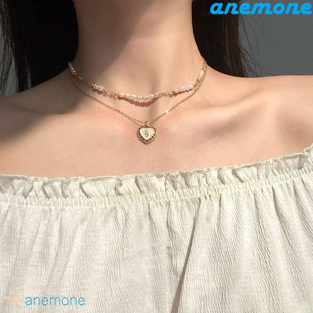 ANEMONE Vòng cổ Hai Lớp Mặt Trái Tim Phong Cách Hàn Quốc Cho Nữ