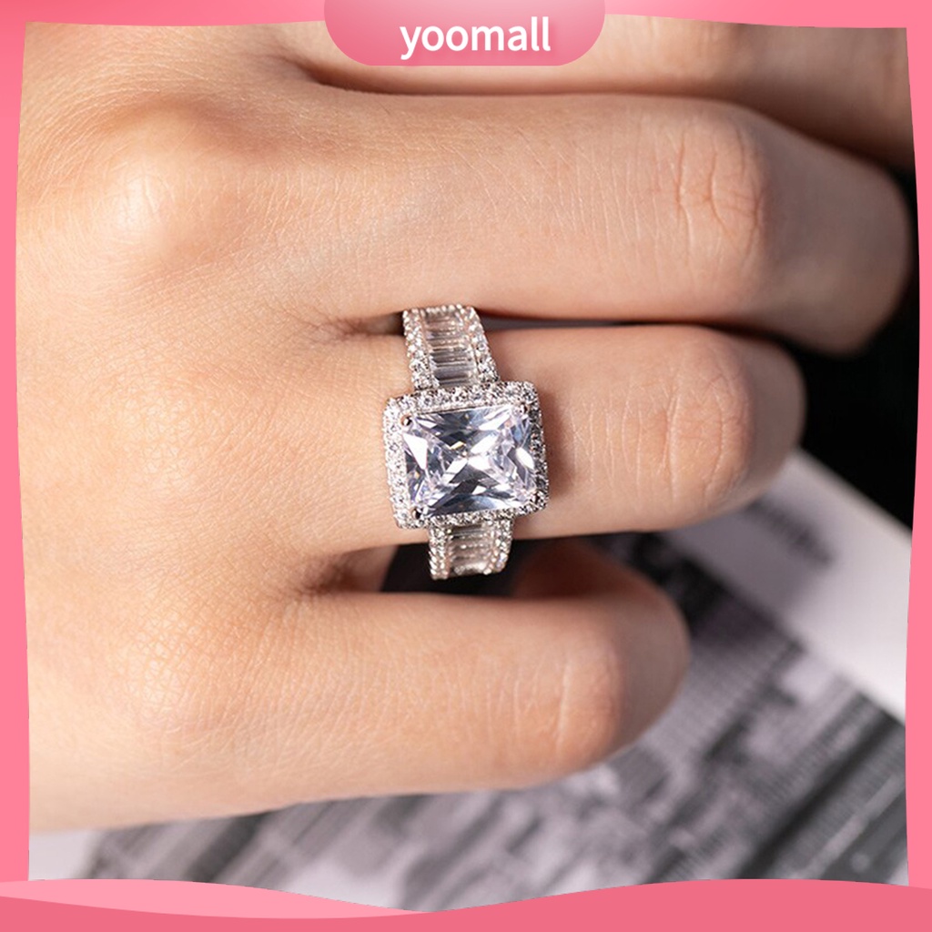 [YM] Nhẫn Cưới Bản Rộng Đính Đá Zircon Hình Vuông Lấp Lánh Không Gây Dị Ứng Trang Trí Phong Cách Phương Tây Cho Nữ