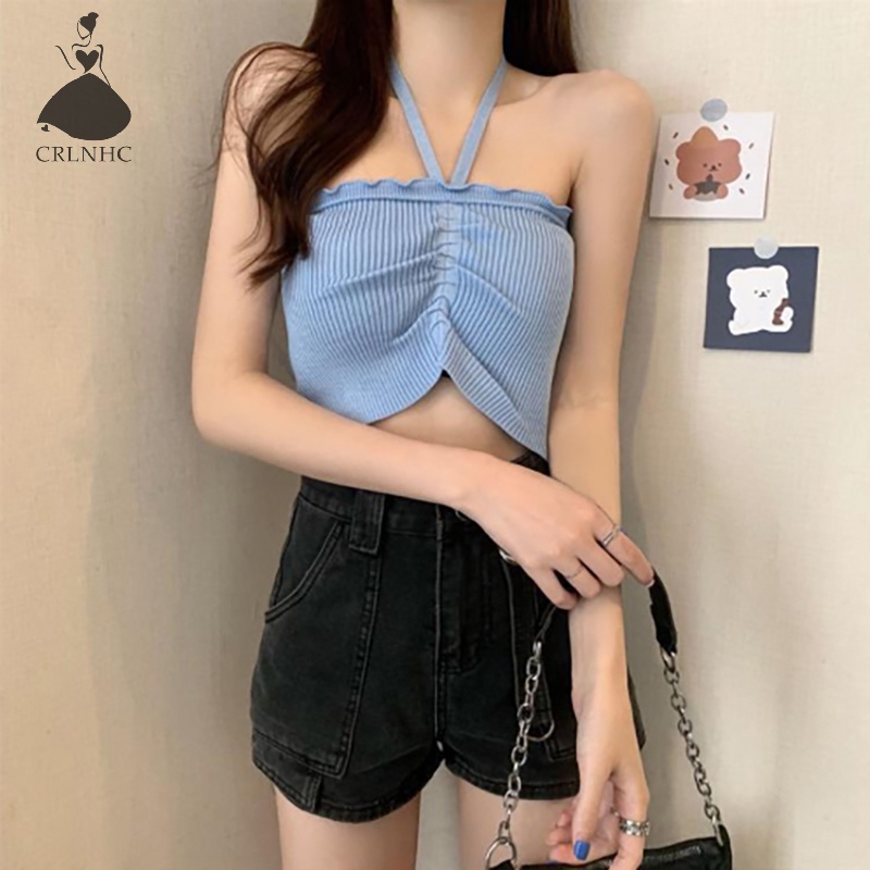 Áo croptop CRLNHC dệt kim hai dây dáng ngắn thời trang mùa hè cho nữ