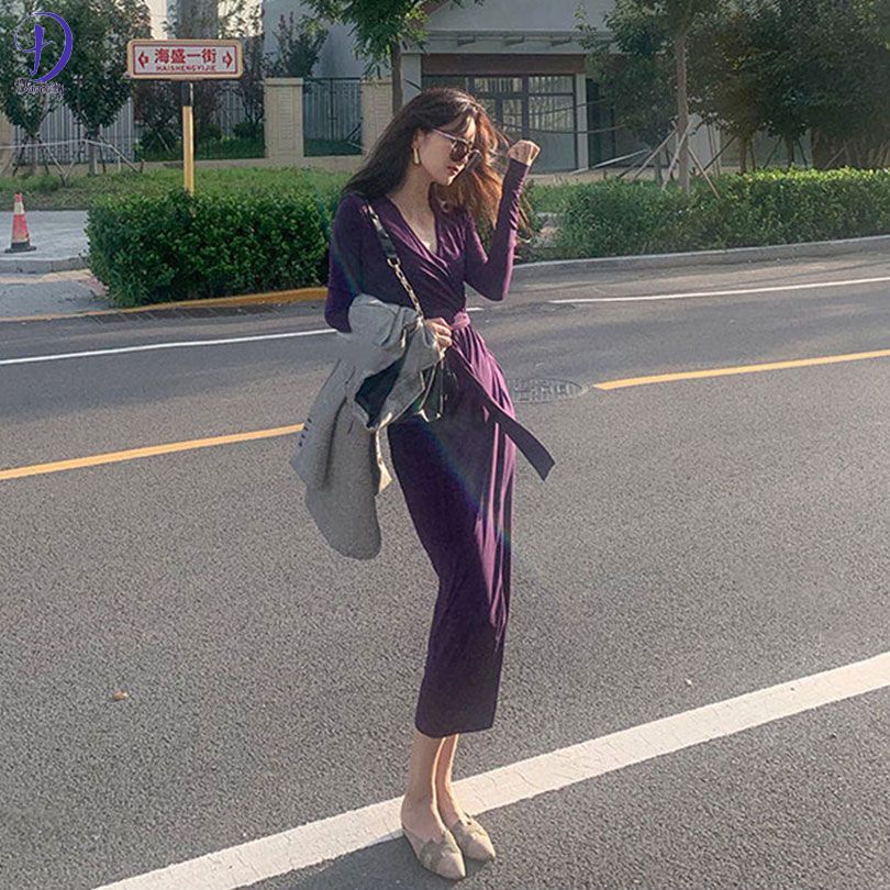 Đầm Tím Tay Dài Phối Cà Vạt Co Giãn Tốt Thiết Kế Trang Nhã Cho