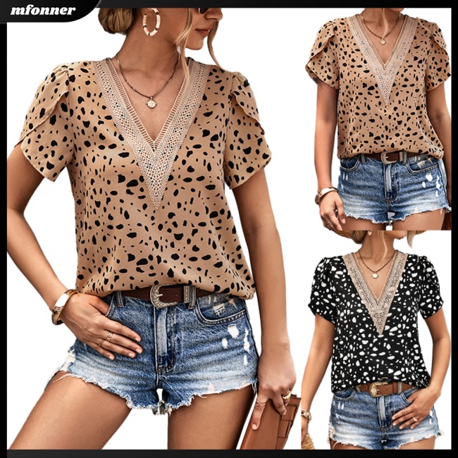 Áo Nữ Ngắn Tay Cổ Chữ V Họa Tiết Chấm Bi Thời Trang