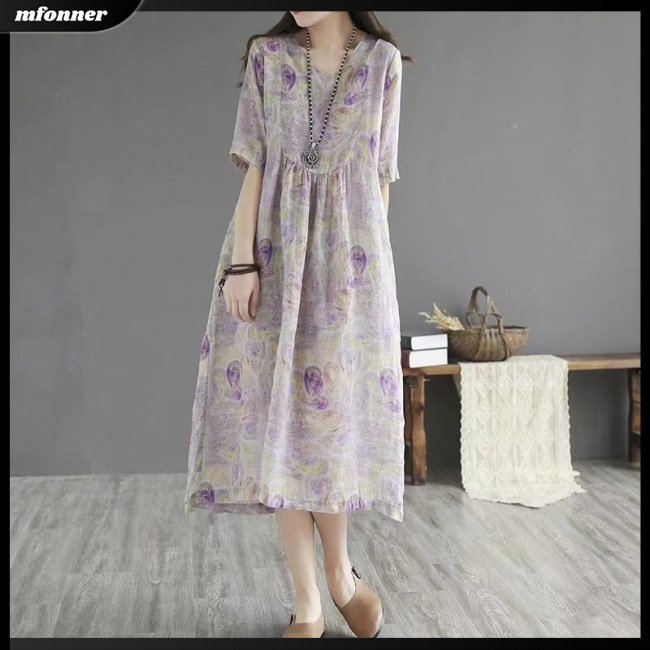 Đầm Midi Tay Ngắn Eo Cao In Họa Tiết Hoa Phong Cách Dân Tộc Cổ Điển Thời Trang Mùa Hè Cho Nữ