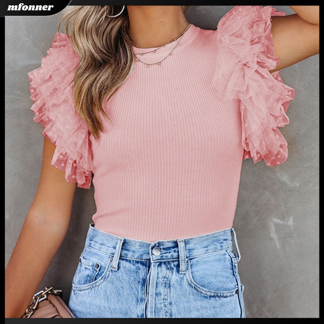 Áo Thun Tay Ngắn Cổ Tròn Phối Lưới Màu Sắc Đơn Giản Thời Trang Mùa Hè Cho Nữ