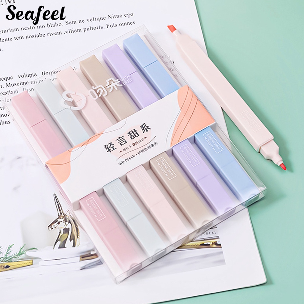 Set 6 Bút Đánh Dấu Hai Đầu Ngòi Mềm Màu Macaron Dành Cho Học Sinh