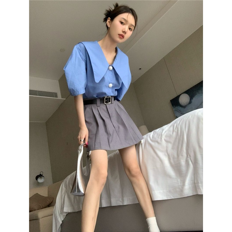 Bộ Áo Sơ Mi Tay Phồng + Chân Váy Xếp Ly Lưng Cao Phong Cách Pháp Thời Trang Mùa Hè Cho Nữ