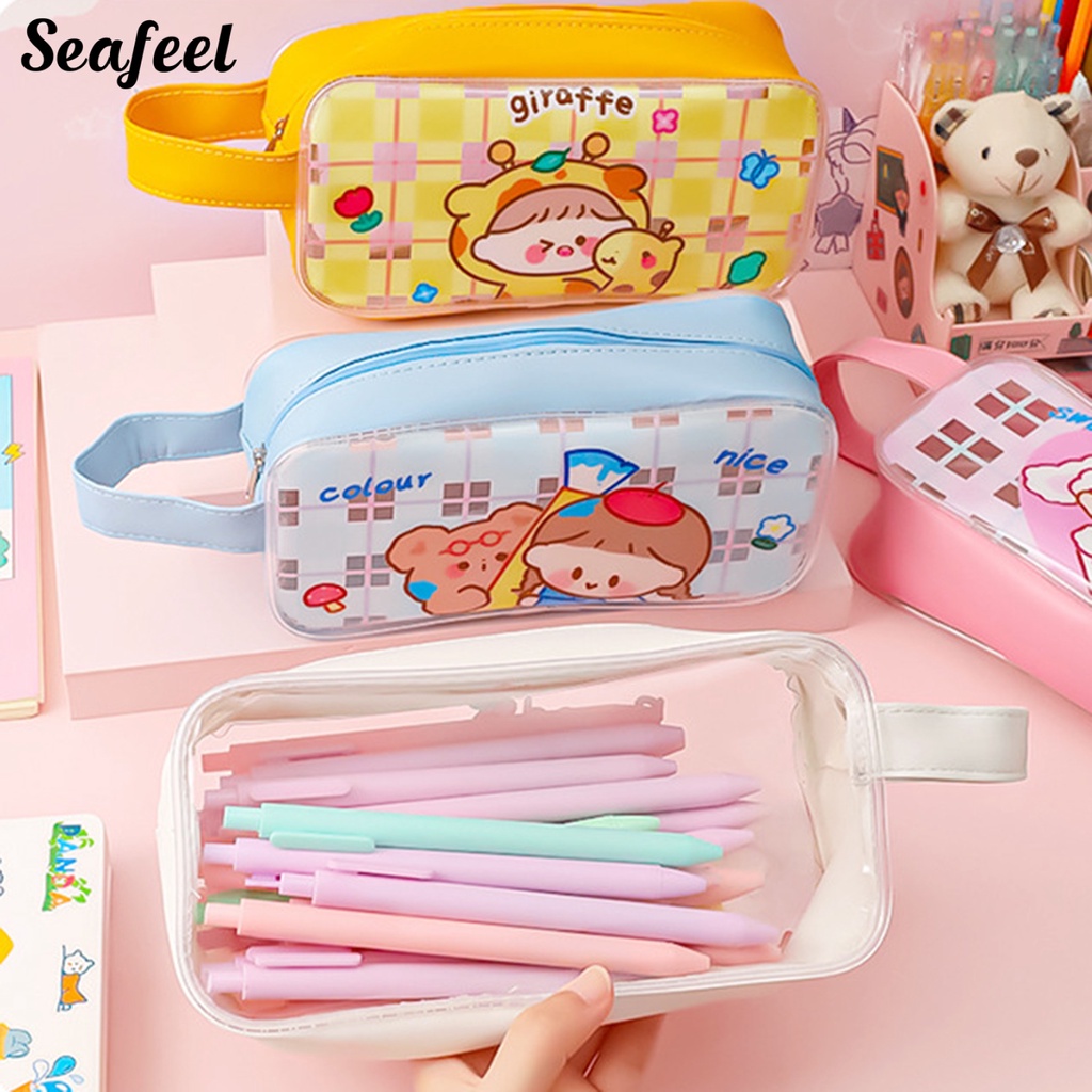Túi Đựng Bút Trong Suốt Chống Thấm Nước Sức Chứa Lớn Có Khóa Kéo In Họa Tiết Hoạt Hình