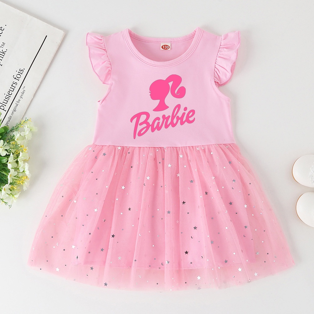 Barbie In Hình Bé Gái loe Tay Áo Công Chúa Barbie Thời Trang Bé Gái Ruffle Đầm Sinh Nhật Quần Áo Cho Bé Gái