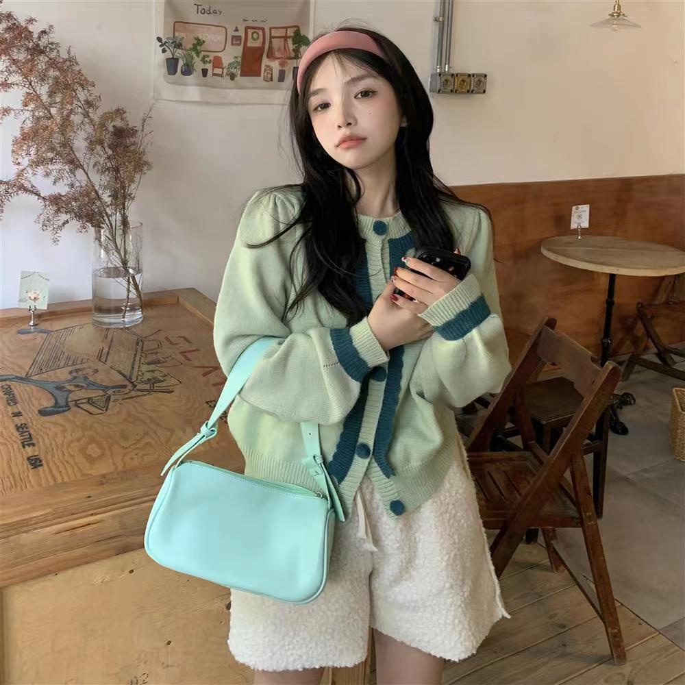 Áo Cardigan Dệt Kim Tay Phồng Cổ Chữ V Thiết Kế Mới Ngọt Ngào Thời Trang Cho Nữ