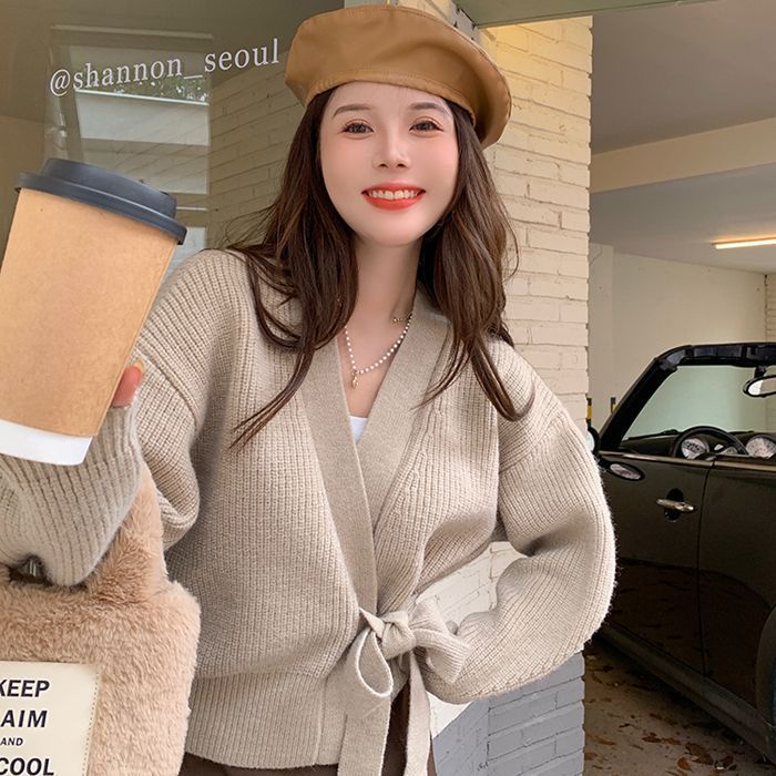 Áo Khoác Cardigan Dệt Kim Tay Dài Cổ Chữ V Phối Nơ Thiết Kế Mới Thời Trang Mùa Thu Dành Cho Nữ