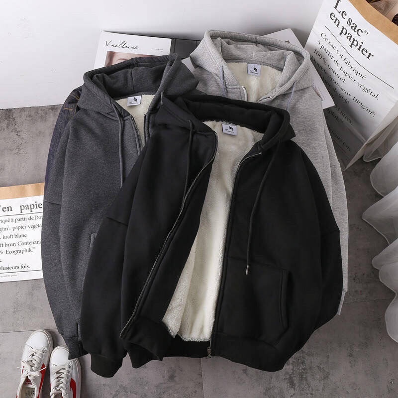 Áo Khoác Hoodie Tay Dài Dáng Rộng Có Túi Và Khóa Kéo Thời Trang Mùa Thu Ấm Áp
