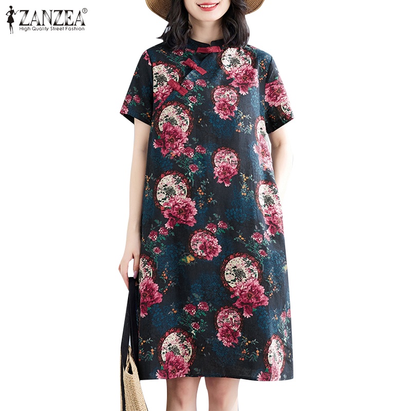 ZANZEA Đầm Sườn Xám Cách Tân Xẻ Tà Cổ Đứng Tay Ngắn Kiểu Hàn Quốc Thời Trang Cho Nữ