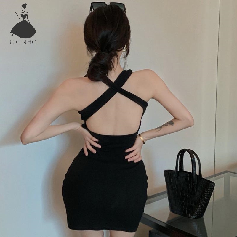 Crlnhc Đầm Mini Hở Lưng Màu Trơn Phong Cách Vintage Gợi Cảm Cho Nữ