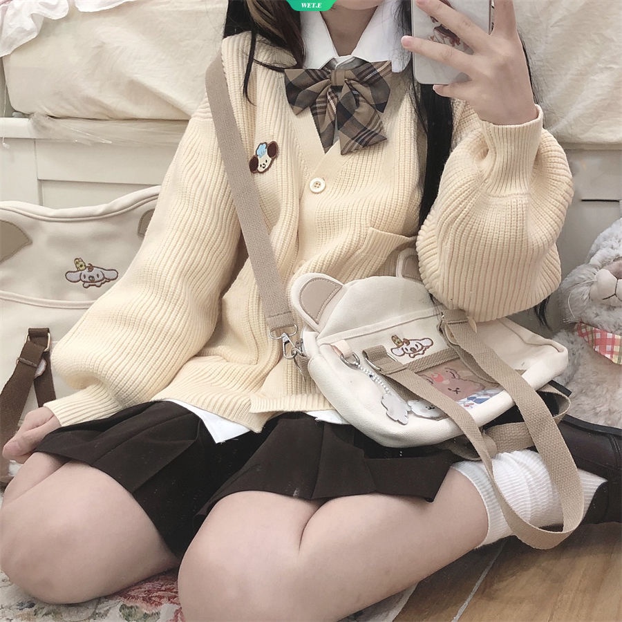 Áo Khoác Cardigan Dệt Kim Dáng Rộng In Hoạt Hình Cinnamoroll Kuromi PomPom Purin Ngọt Ngào Thời Trang Thu Đông Cho Nữ