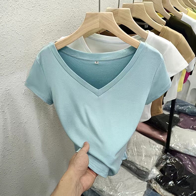 Áo Thun Cotton Ngắn Tay Cổ Chữ V Màu Trơn Phong Cách Mới Mùa Hè Cho Nữ