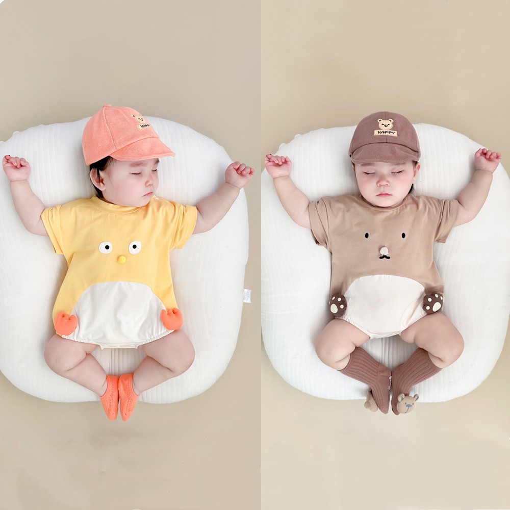 Bộ Áo Liền Quần Bằng Cotton Tay Ngắn In Hoạt Hình Dành Cho Bé Trai Gái 0-2 Tuổi