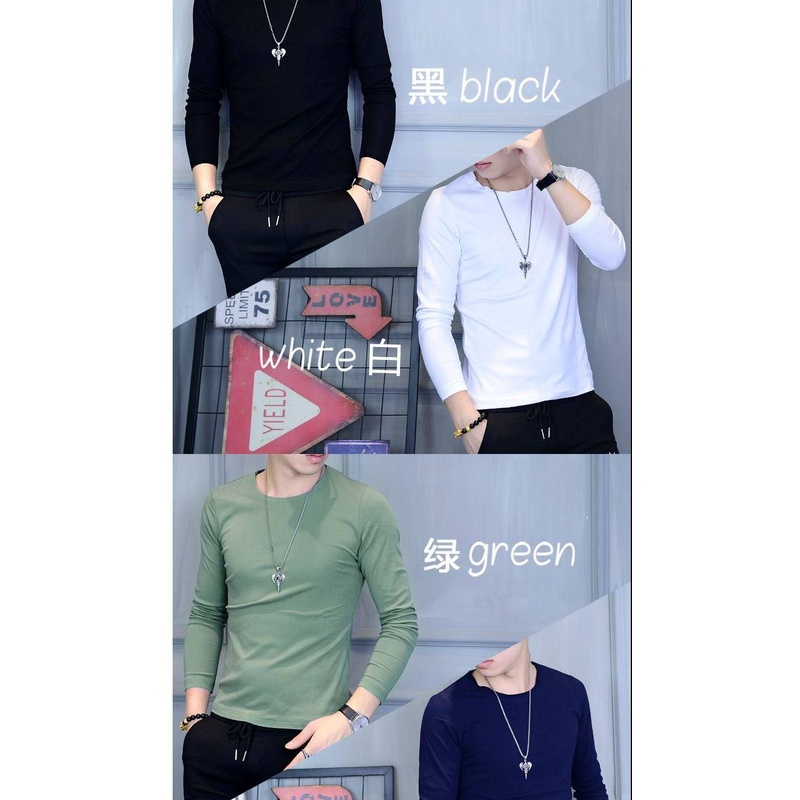 Áo t-shirt nam cổ tròn mùa xuân và mùa thu mỏng màu rắn đơn giản băng lụa dài tay áo