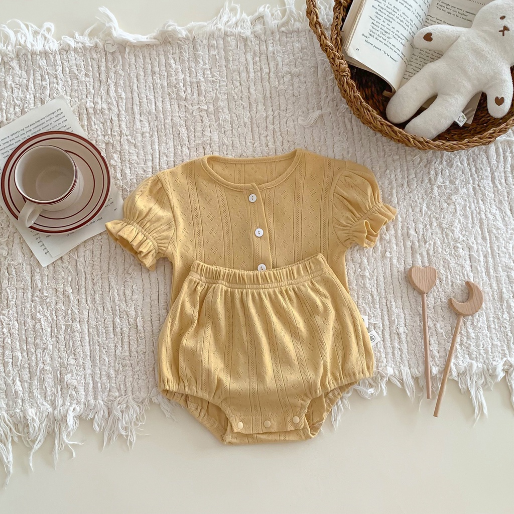 Set Đồ Mùa Hè 2 Món Gồm Áo Sơ Mi Tay Cộc Màu Vàng / Be + Quần Ngắn Cho Bé Gái Sơ Sinh 0-24