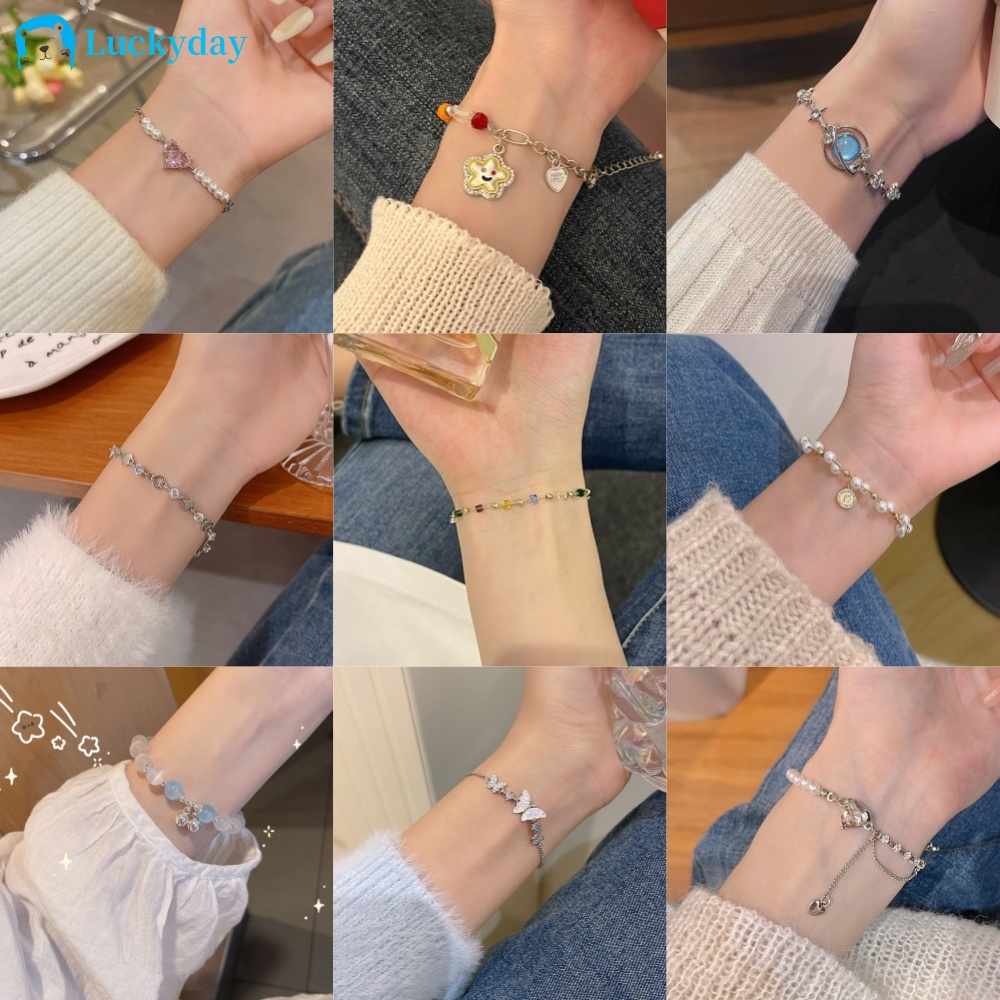Vòng Tay Chuỗi Hạt Ngọc Trai Mặt Hình Bướm / Hoa Tulip / Trái Tim Màu Cầu Vồng