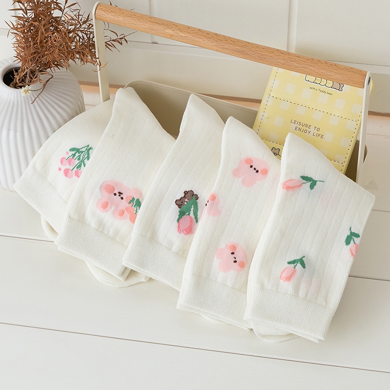 Vớ Cotton Cổ Vừa Họa Tiết Hoa Tulip / Thỏ Dễ Thương Phong Cách Hàn Quốc Thời Trang Cho Nữ 2023