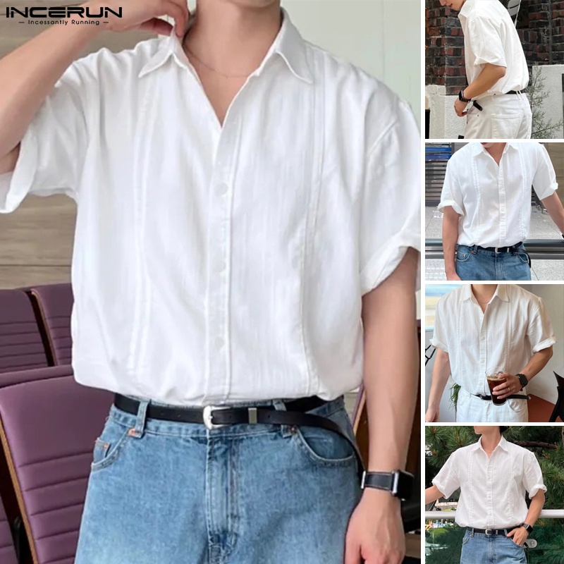 INCERUN Áo Sơ Mi Cotton Lanh Ngắn Tay Màu Sắc Đơn Giản Thời Trang Hàn Quốc Cho Nam