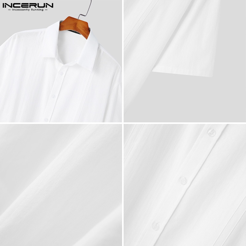 INCERUN Áo Sơ Mi Cotton Lanh Ngắn Tay Màu Sắc Đơn Giản Thời Trang Hàn Quốc Cho Nam