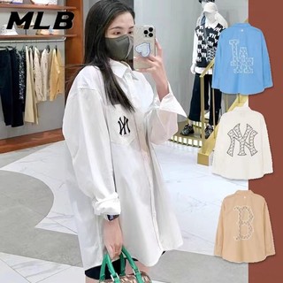 Áo sơ mi cotton dài tay dáng rộng thêu logo mlb ny thời trang cho cặp đôi
