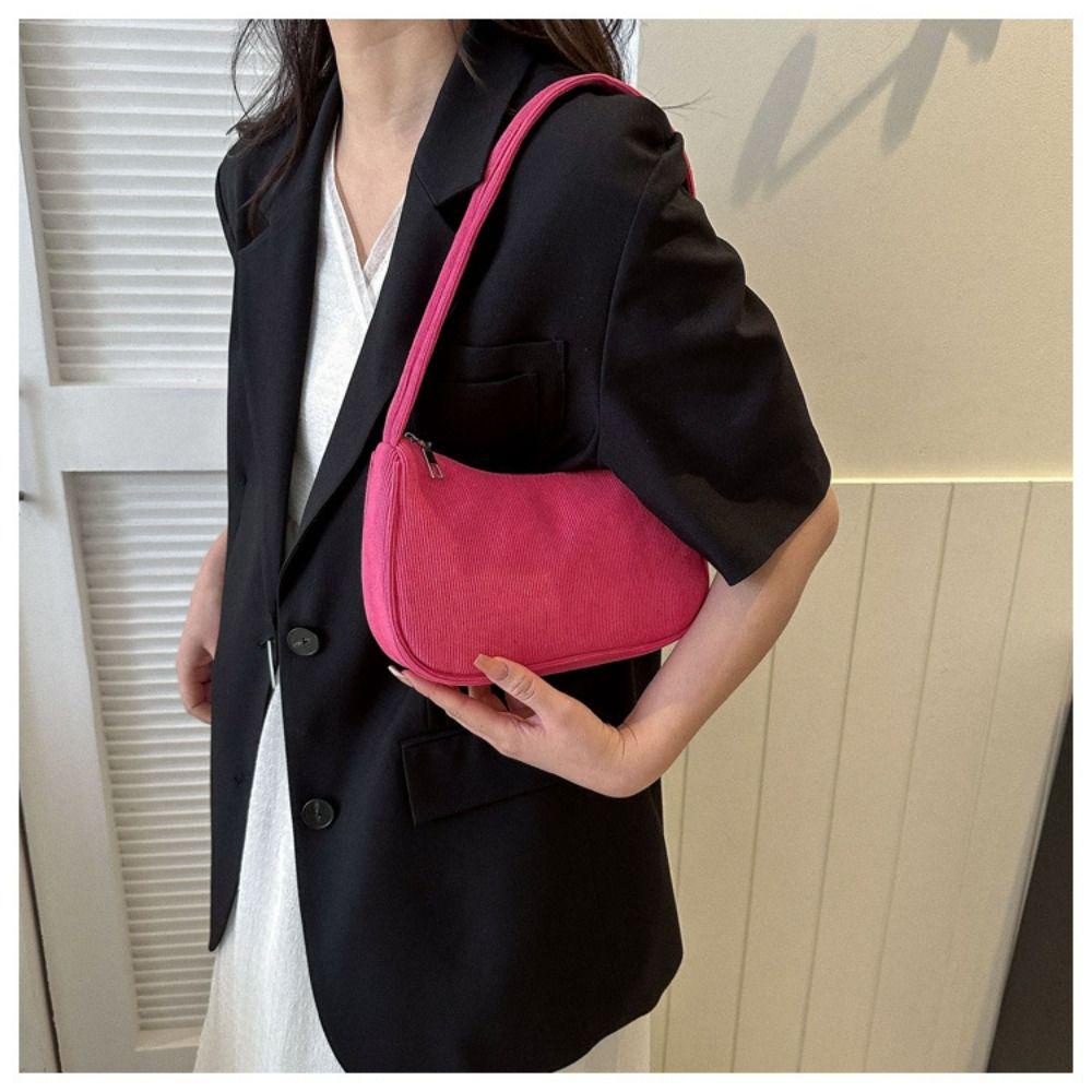 Túi Xách Đeo Dưới Cánh Tay Vải Nhung Kẻ Màu Trơn Có Khóa Kéo Kiểu Vintage Hàn Quốc Cho Nữ