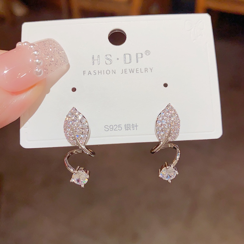 Bông Tai Mạ Bạc Hình Chiếc Lá Đính Đá Zircon Sang Trọng Thời Trang Cho Nữ