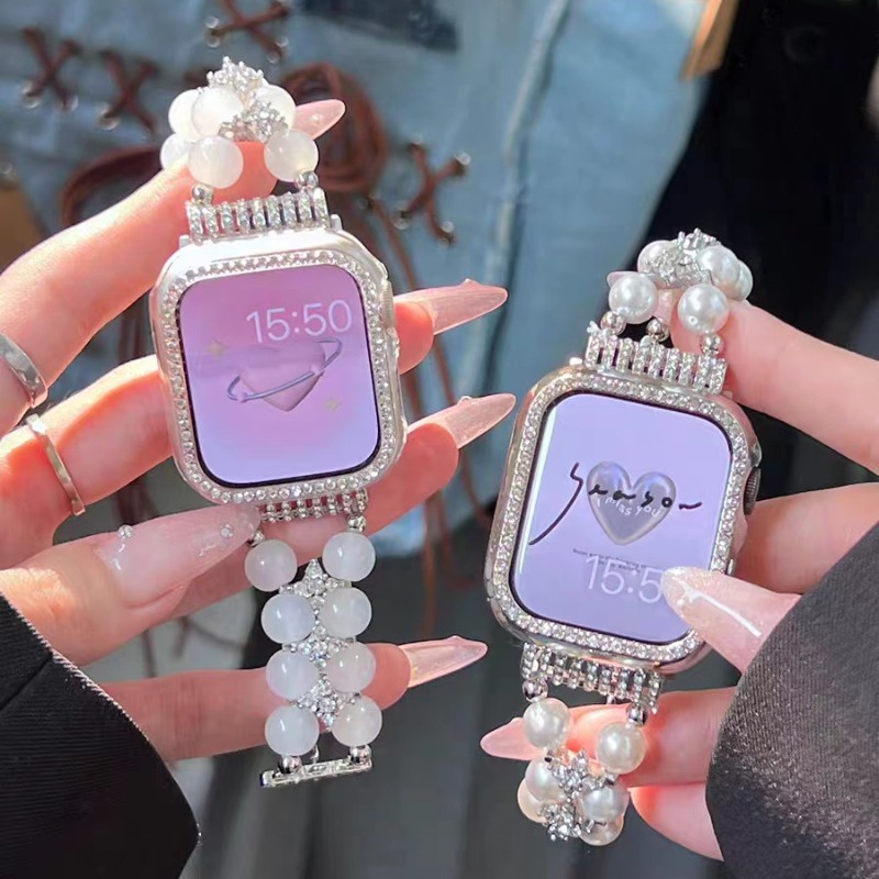 Dây Đeo Kim Loại Dạng Chuỗi Hạt Ngọc Trai Cho Đồng Hồ Thông Minh Apple watch 3 4 5 6 se 7 8 44mm 42mm 40mm 49mm 45mm 41mm 38mm