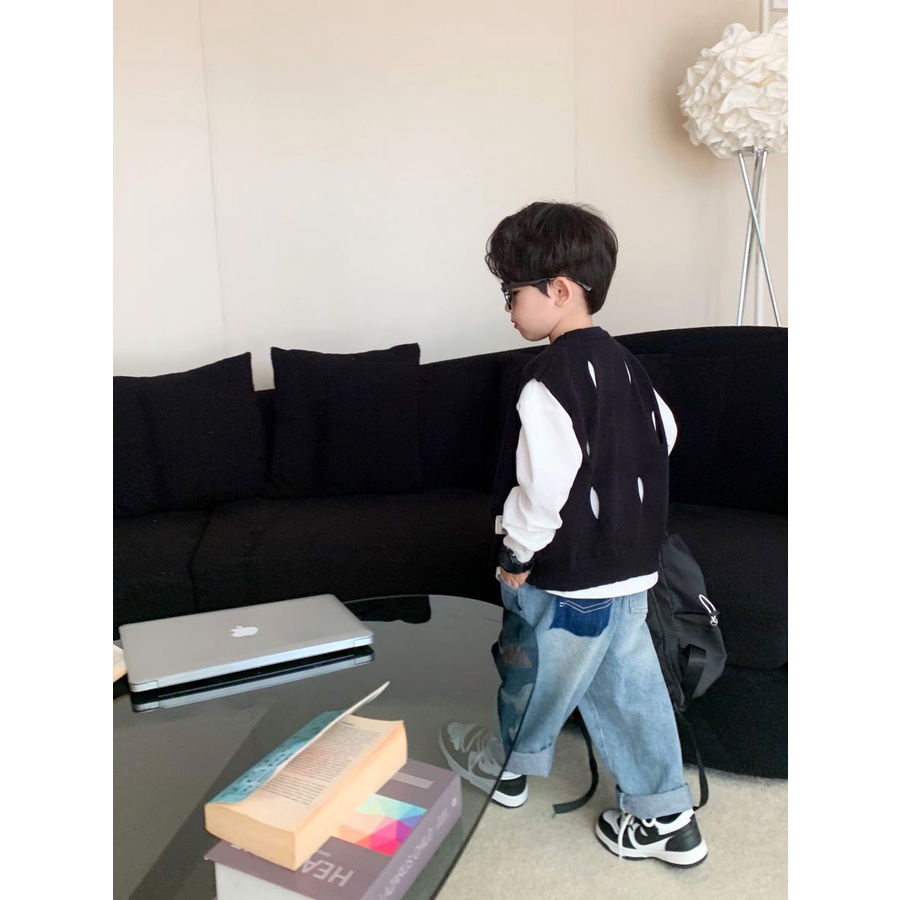 Áo Cardigan Dệt Kim Cổ Tròn Không Tay 90-150cm Phong Cách Nhật Bản Cho Bé Trai