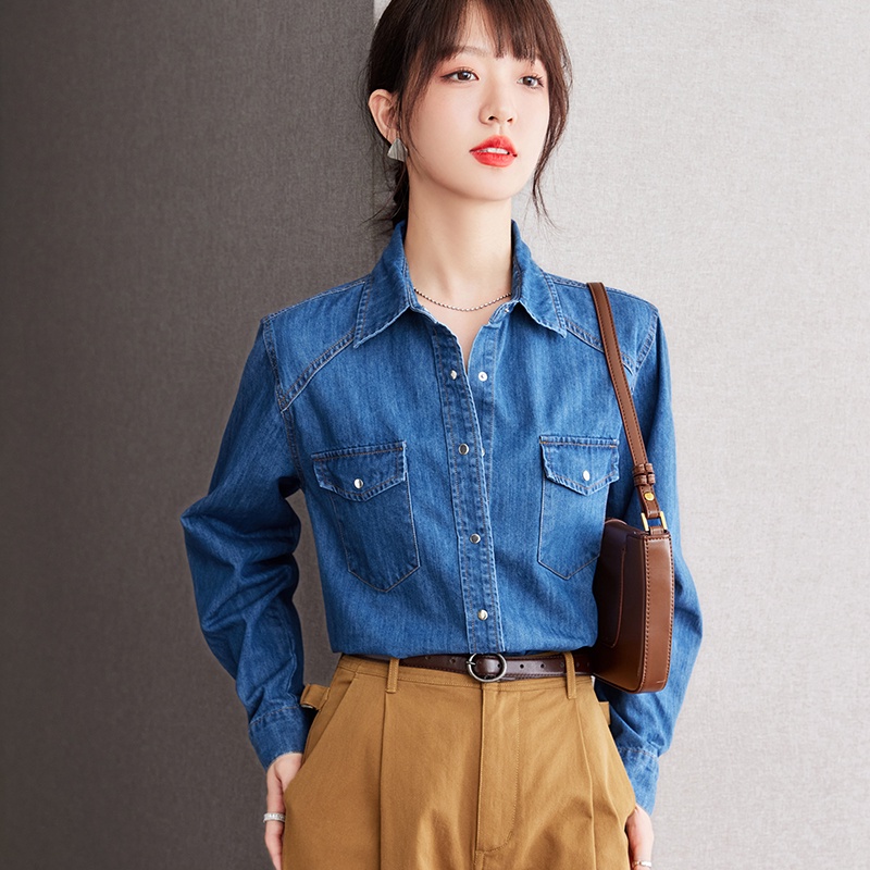 Nhân ◆Ready stock◆Áo khoác denim màu xanh cổ điển pháp áo khoác nữ mùa thu thiết kế thích hợp hàng đầu lớp ff