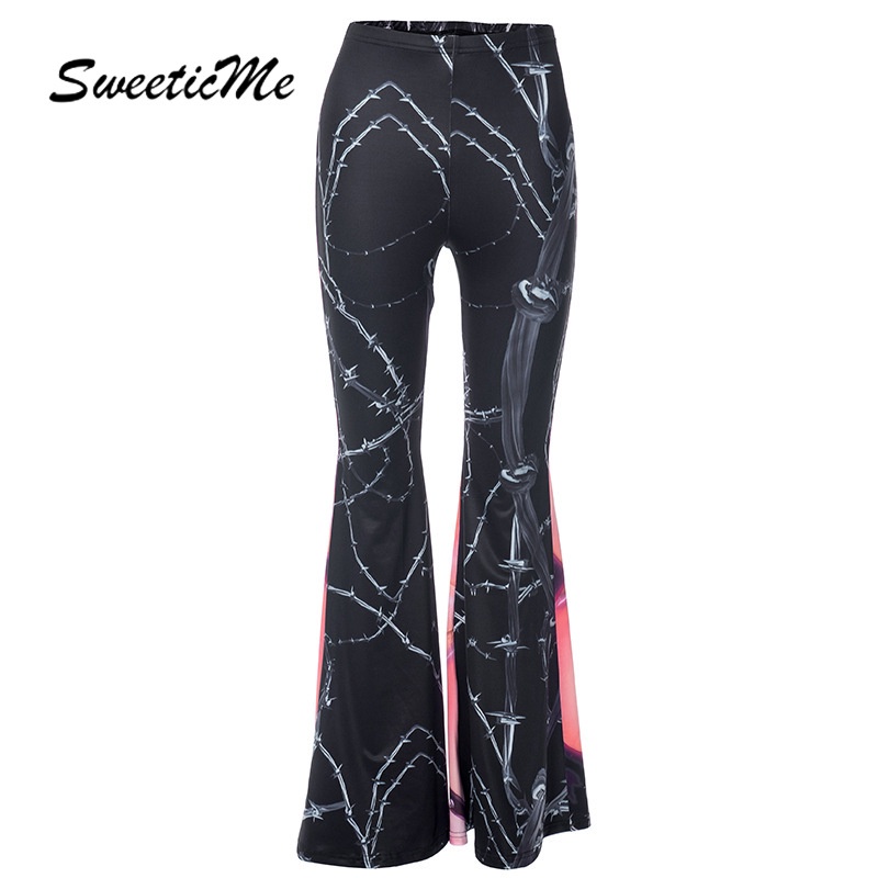 Sweeticme women's 2023 thời trang mới màu tương phản in thấp eo quần ống loe dài