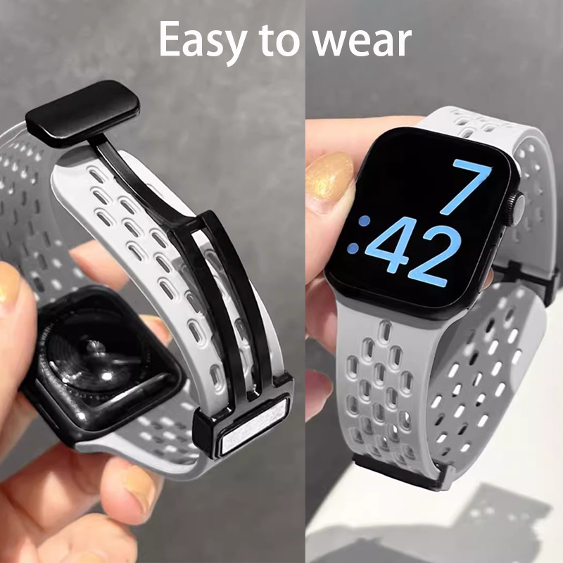Dây đeo thông gió lỗ d khóa thể thao dây đeo từ tính dây đeo bằng silicon mềm cho Apple smartwatch series 8 6 se 6 4 4 4 45 49mm