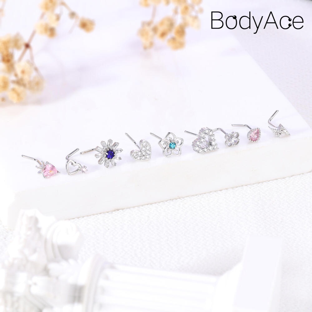 Bodyace 1pc 20g đinh tán mũi bằng thép không gỉ hình dạng l khuyên lỗ mũi pha lê khuyên mũi hình bướm hình dạng hoa đinh tán mũi