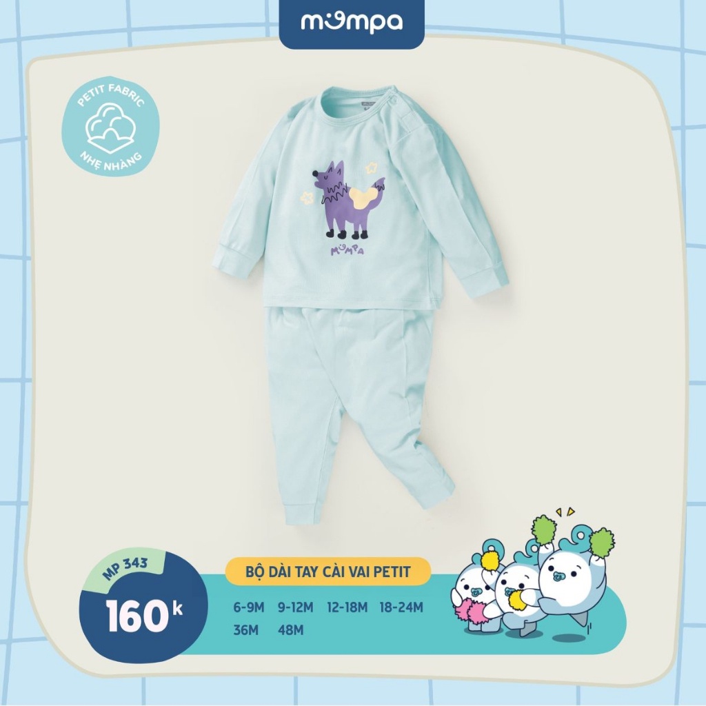 Bộ quần áo dài tay cho bé Mompa 6 tháng đến 4 tuổi cúc vai vải petit thoáng mát co giãn thấm hút MP 343