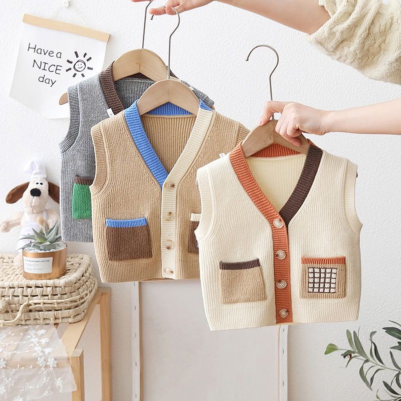 Bé trai áo len vest cardigan thời trang trẻ em áo ghi lê mùa xuân mặc ngoài cho bé 2023 phong cách mới trẻ em áo vest dệt kim