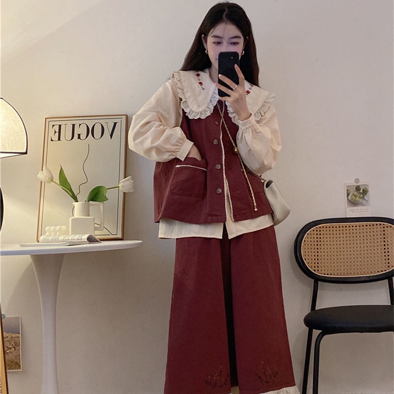 Set Áo Khoác Không Tay + Áo Sơ Mi Cổ Búp Bê + Chân Váy Phong Cách Thời Trang Mới