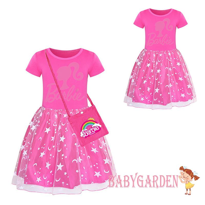 Đầm Công Chúa barbie Tay Ngắn Phối Lưới In Chữ Kèm Túi Đeo Chéo Dễ Thương Cho Bé Gái 3-12 Tuổi