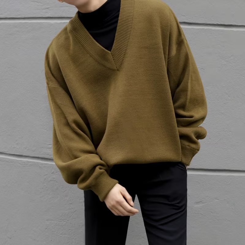 【M- 2XL】mùa xuân và mùa thu mới của nam giới hàn quốc v-cổ áo len rộng rãi và lười biếng phong cách áo unisex nam v-neck sọc in mềm thoải mái dài tay áo len ngắn tay áo đan đầu dệt kim internet áo khoác chui đầu dài tay nóng bỏng