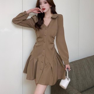 Đầm Xếp Ly Cài Nút Cổ Chữ v Màu Sắc Đơn Giản Thời Trang Cho Nữ