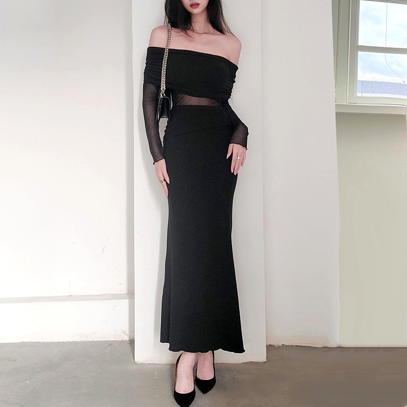 Phụ nữ sexy off shoulder mesh patchwork pleated sheath long dress