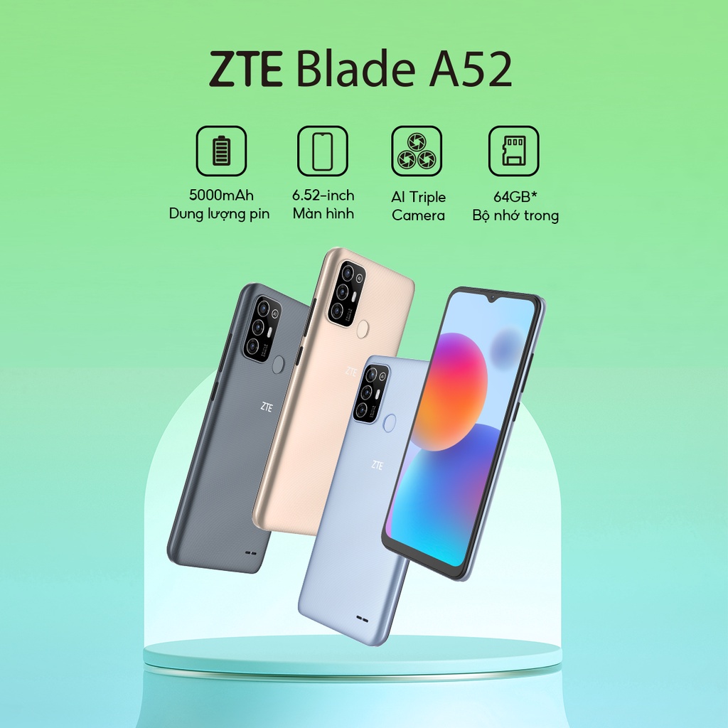 Điện thoại ZTE Blade A52 4GB l 64GB, Pin 5000mAh, Màn hình 6.52", Camera AI Triple - Chính hãng