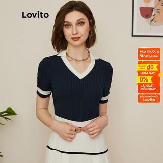 Áo thun Lovito có cổ chữ V phối đường viền tương phản màu trơn phong cách preppy L19D032 (Màu xanh lam)