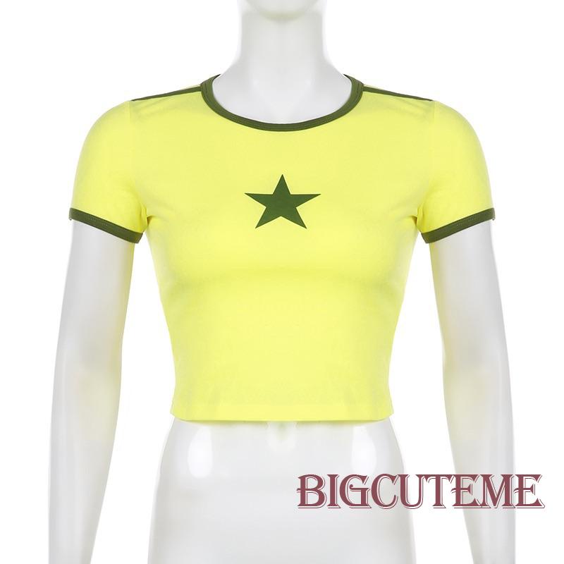 Áo Croptop Tay Ngắn Cổ Tròn Màu Sắc Tương Phản In Họa Tiết Ngôi Sao Thời Trang Cho Nữ