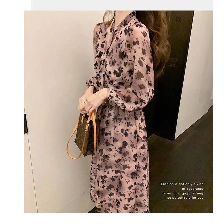 Đầm Dáng Dài Cổ Chữ V Ôm Eo Họa Tiết Da Báo Phong Cách Pháp Thời Trang Xuân Thu Mới Cho Nữ
