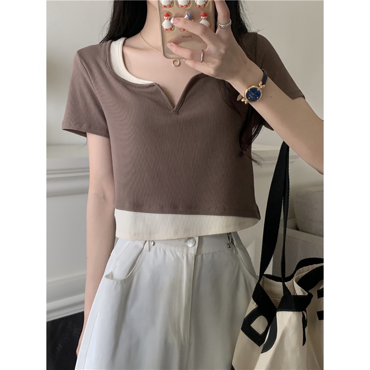 SUXI Áo Thun Ngắn Tay Cổ V Lưng Cao Thời Trang Mùa Hè Cho Nữ