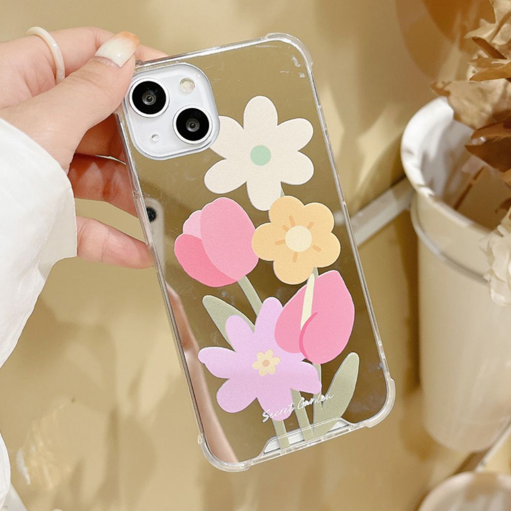 Ốp Điện Thoại TPU Mềm Họa Tiết Hoa Tích Hợp Gương Trang Điểm Cho IPhone 14 13 12 11 Pro Max XS XR 8 7 Plus