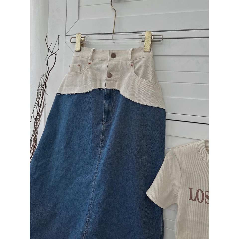 Set croptop pull chữ chân váy midi jean phối eo